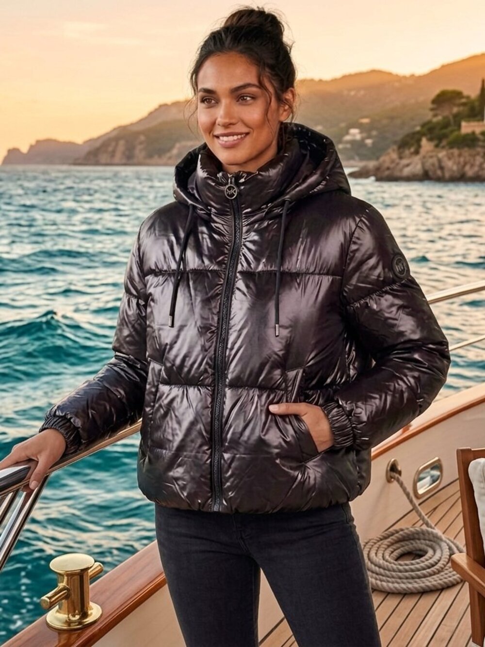 Michael Kors Shiny Hooded Puffer Jacket - M426594A28 - Black - X-LARGE NWT